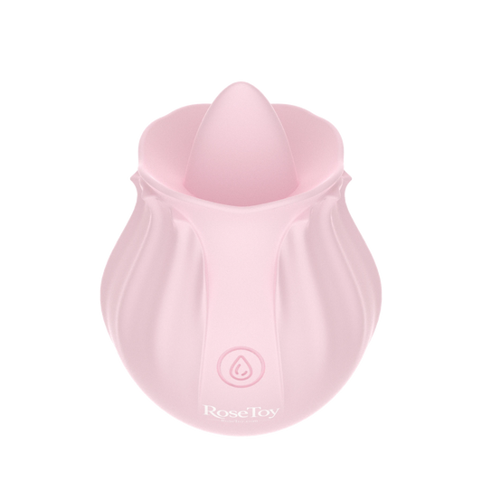 Side view of the Rose Bloom pink licking vibrator featuring a soft silicone tongue