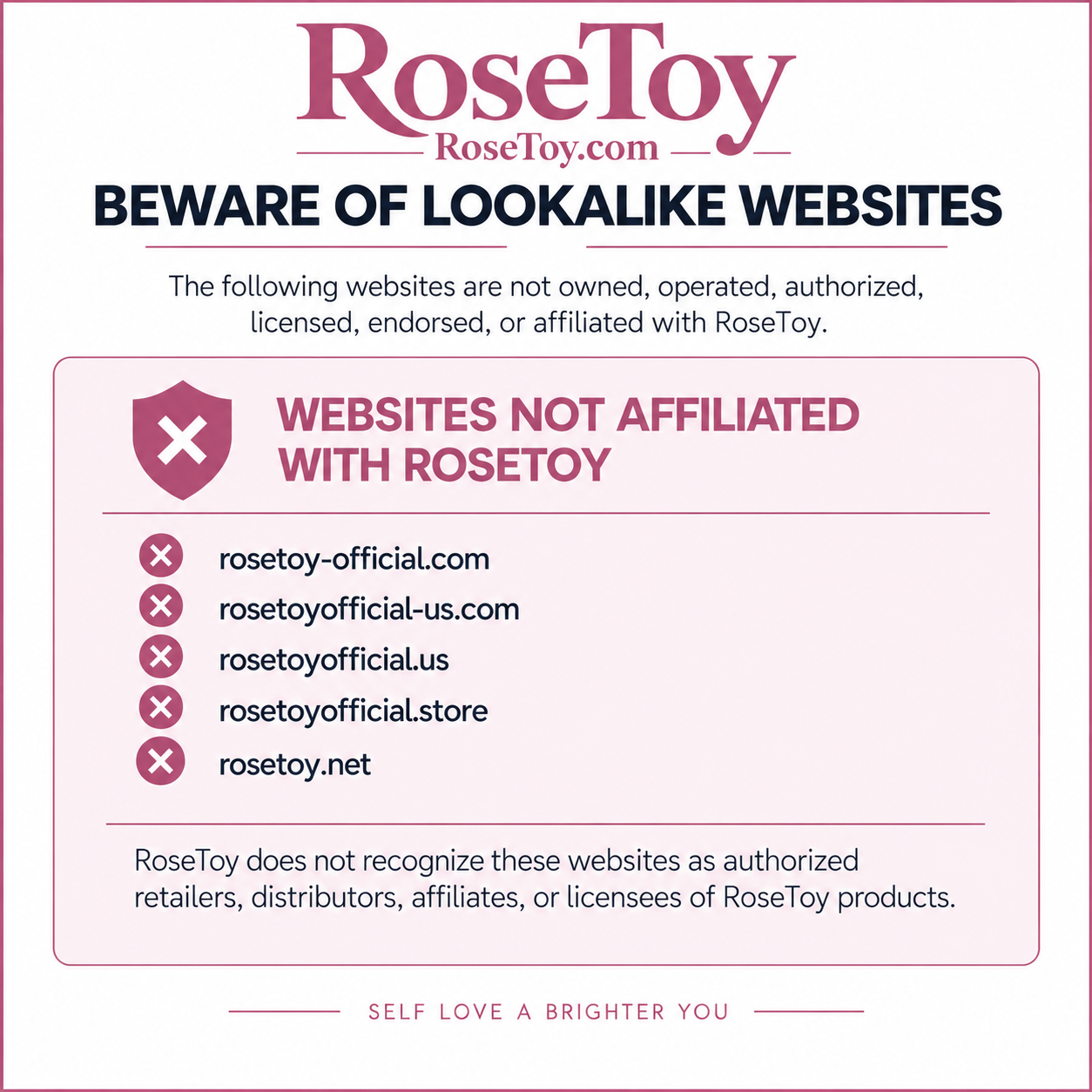 RoseToy warning about lookalike websites and unauthorized sellers