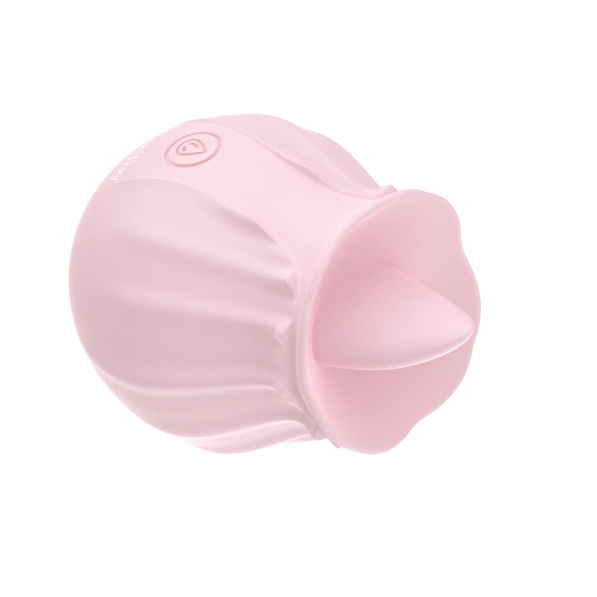 Rose Bloom licking vibrator shown at an angle with its tongue stimulation opening