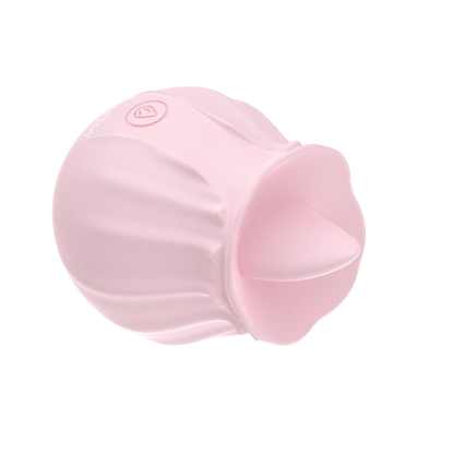 Rose Bloom licking vibrator shown at an angle with its tongue stimulation opening