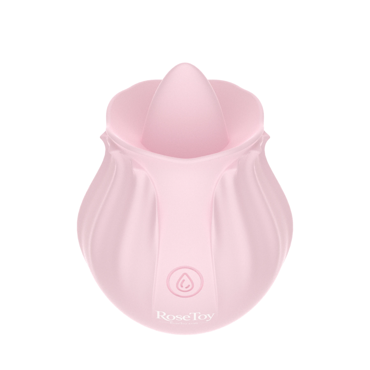 Side view of the Rose Bloom pink licking vibrator featuring a soft silicone tongue