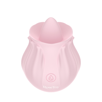 Side view of the Rose Bloom pink licking vibrator featuring a soft silicone tongue